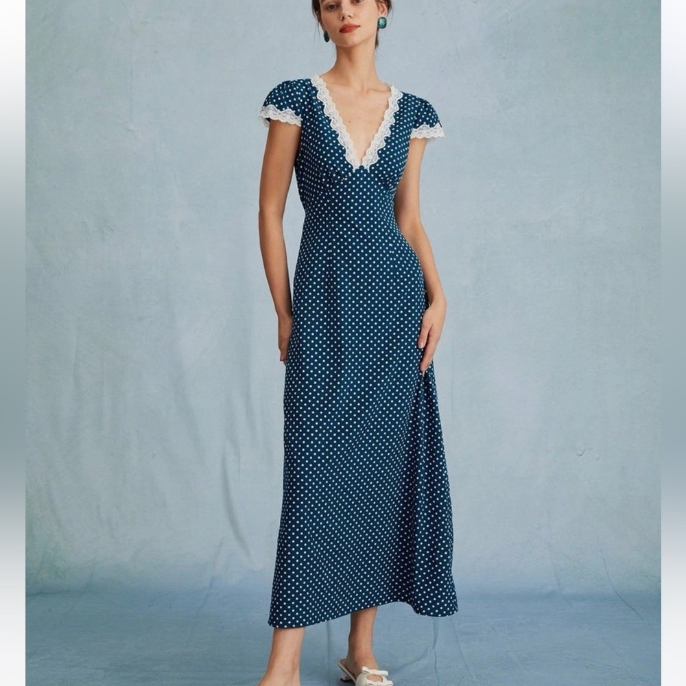 RIHOAS Women’s Navy Blue Dot Maxi Dress Size XS